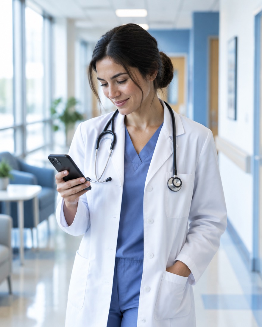 Physician checking her phone between patients