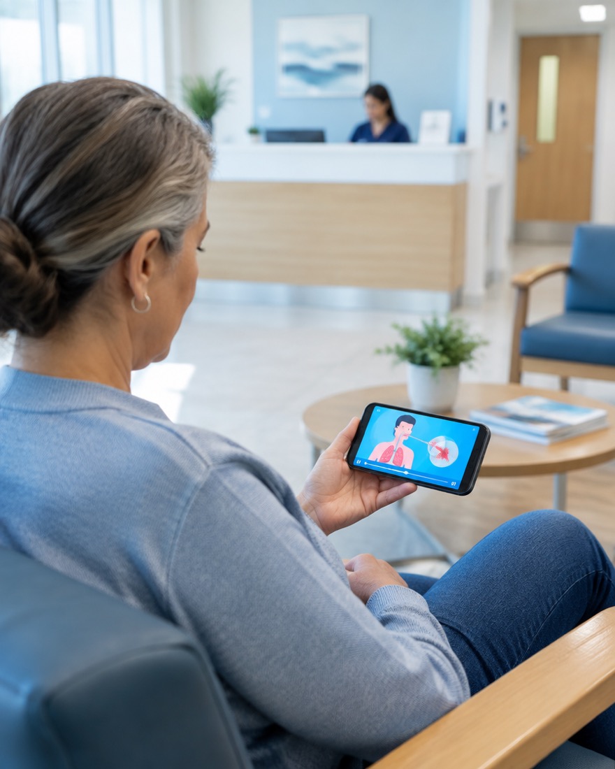 Patient watching an explainer video in a clinic waiting room